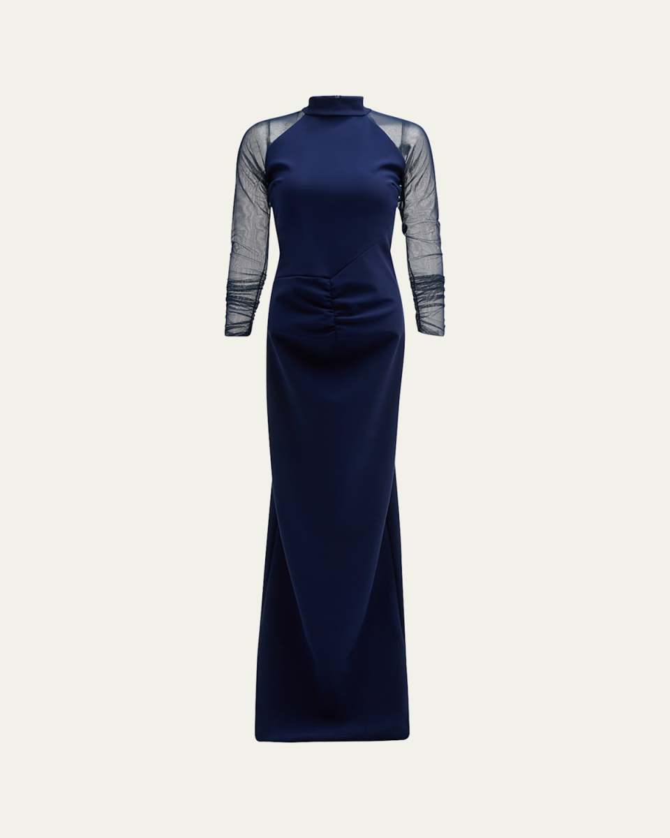 Ruched Illusion-Sleeve Column Gown